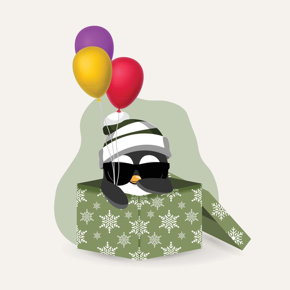 Cute Penguin Wearing Glasses Pop Up from Gift Box Holding Balloons vector