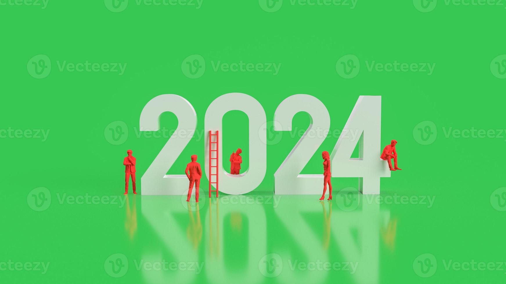 The white 2024 number and red business man on green background 3d
