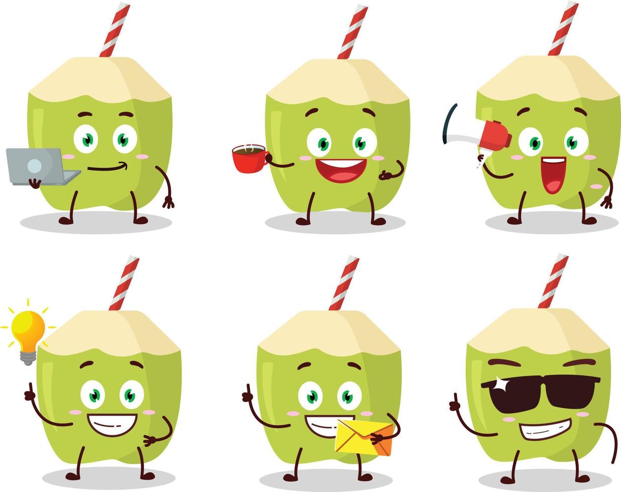 Green coconut cartoon character with various types of business emoticons vector