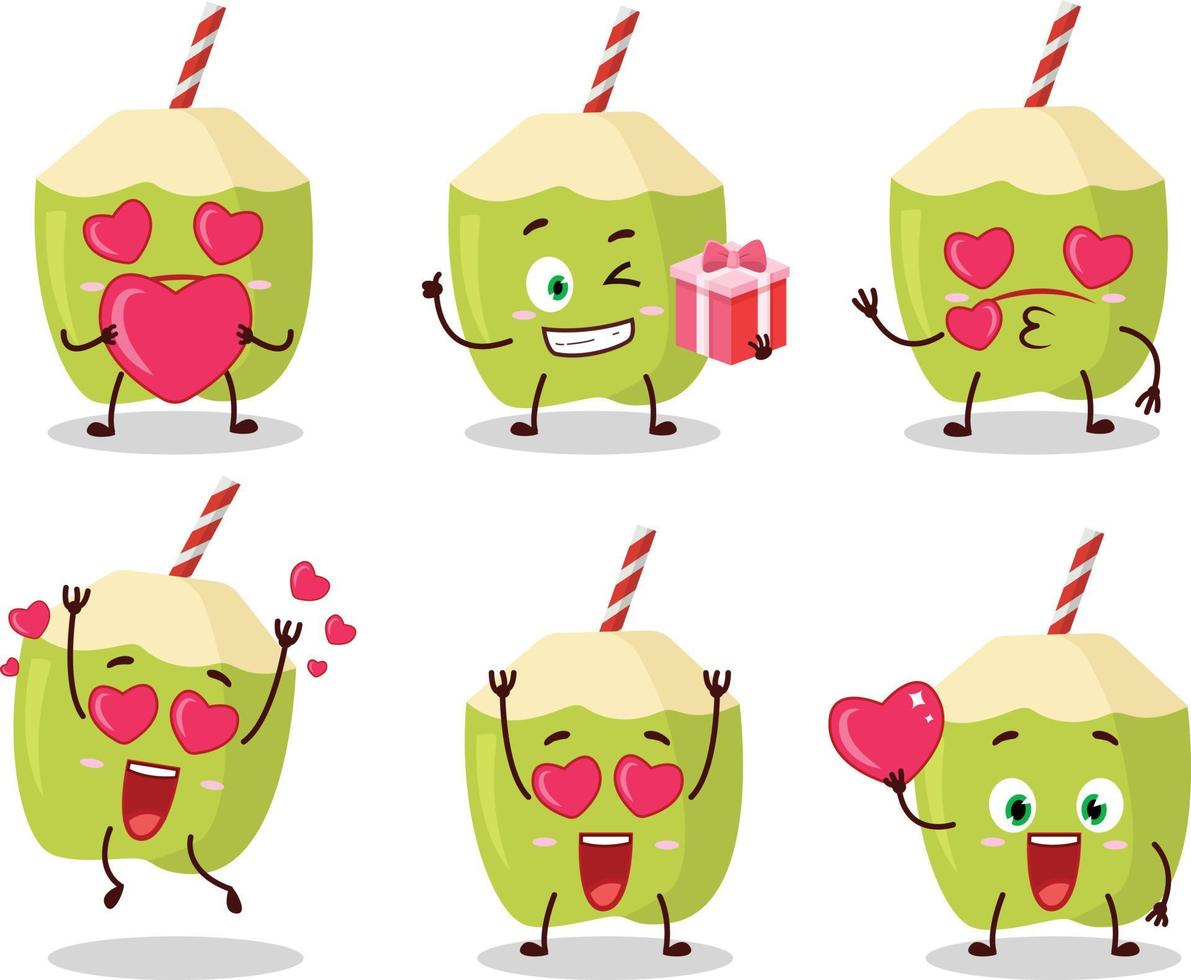 Green coconut cartoon character with love cute emoticon vector