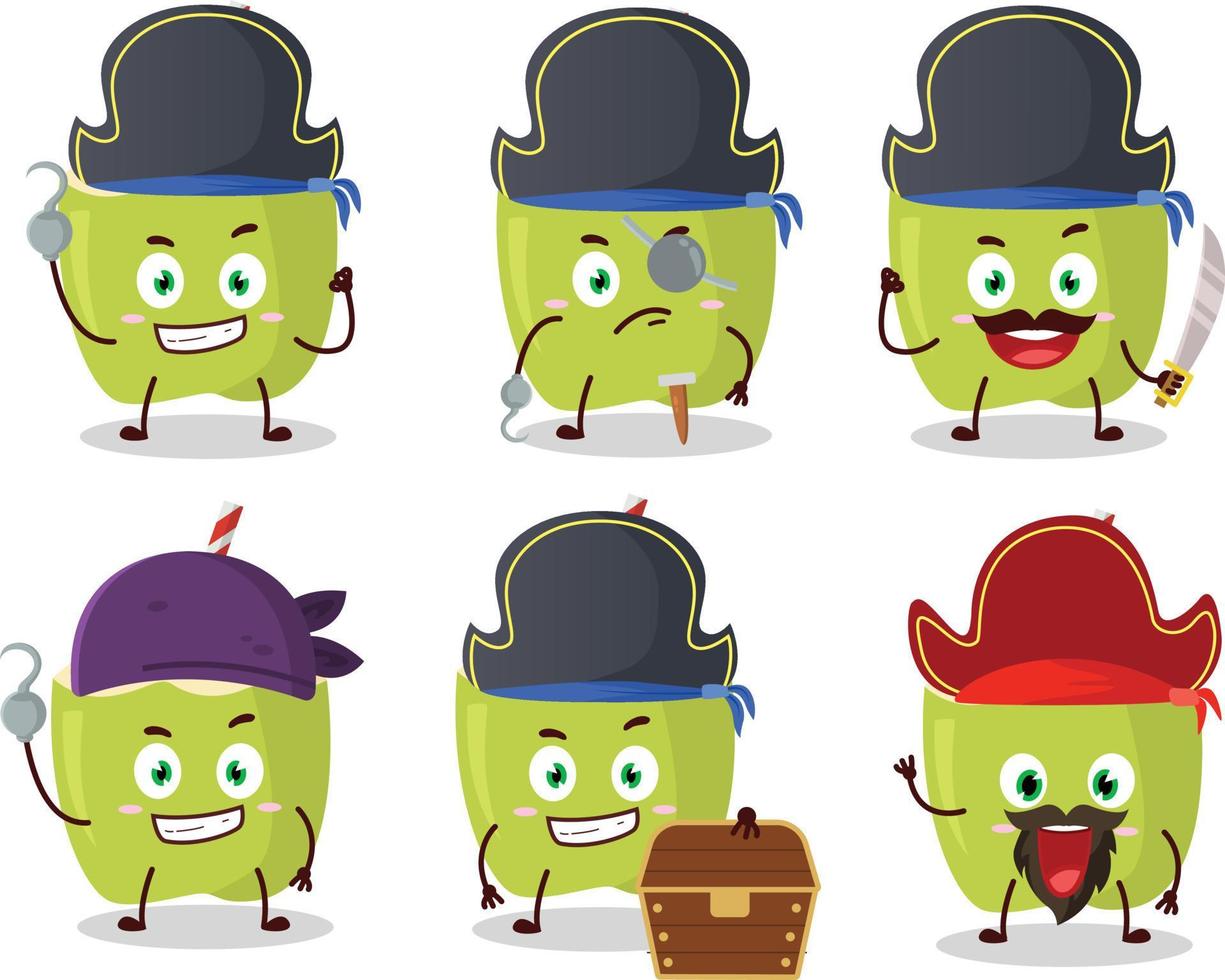 Cartoon character of green coconut with various pirates emoticons vector