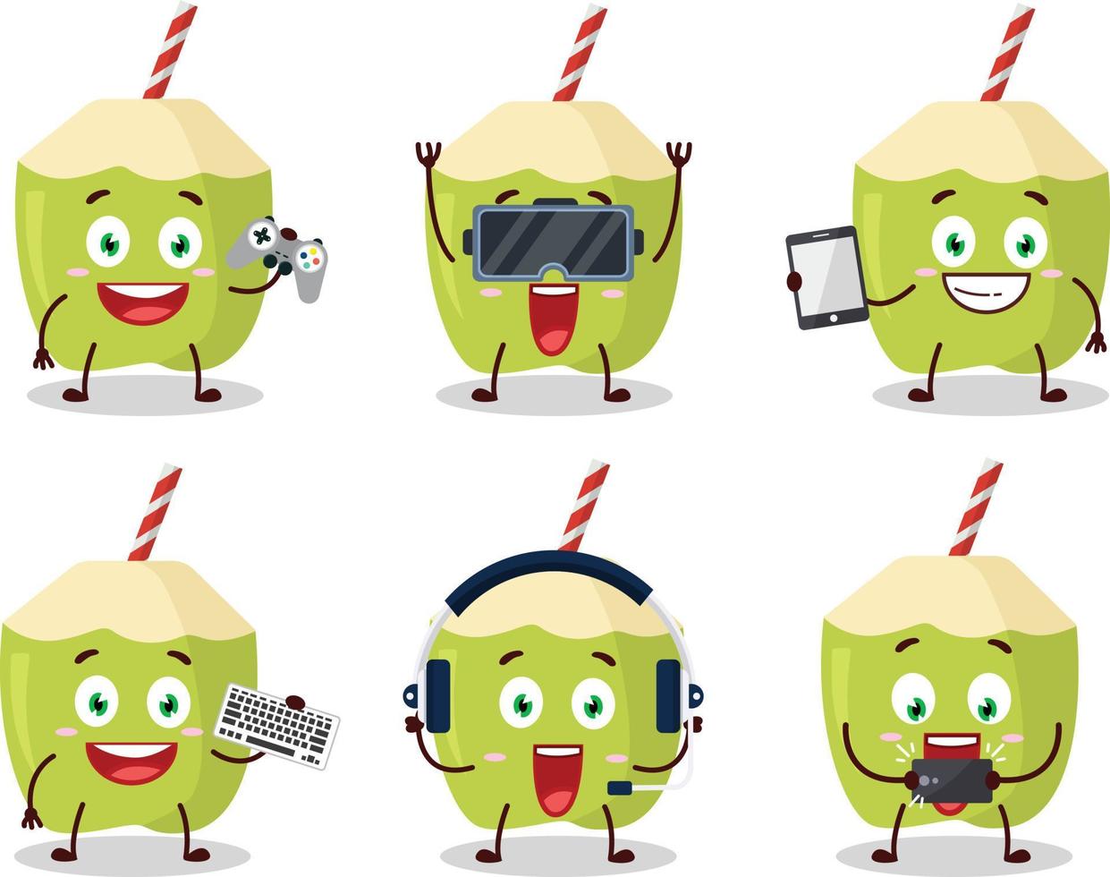 Green coconut cartoon character are playing games with various cute emoticons vector