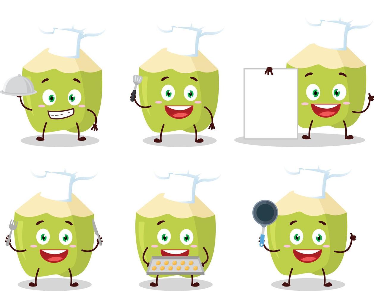 Cartoon character of green coconut with various chef emoticons vector