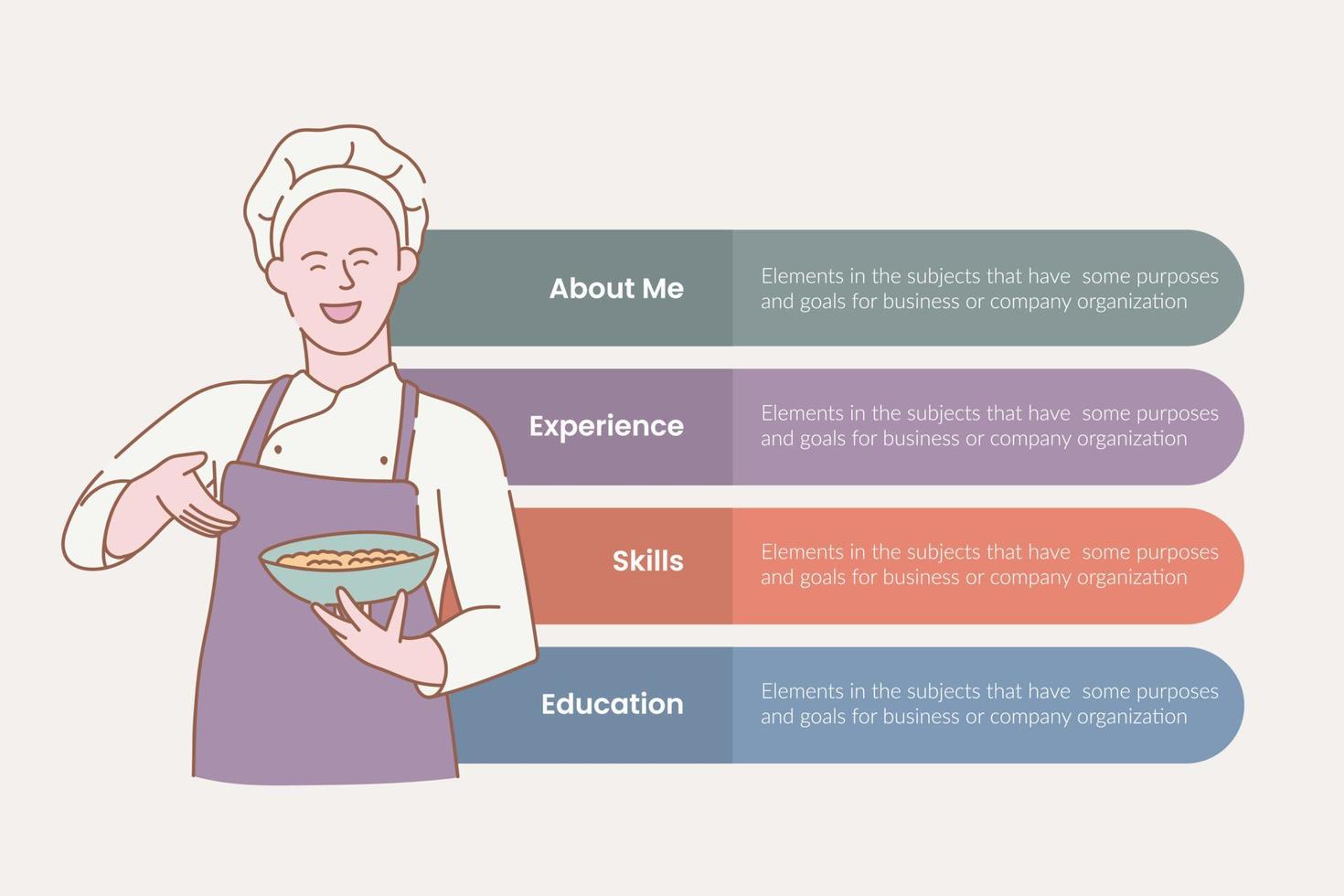 chef infographic with 4 point stages sequence with vertical layout and hold food dish with modern flat style vector