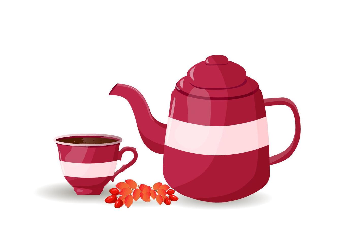 Teapot and cup with rosehip branch in cartoon style vector