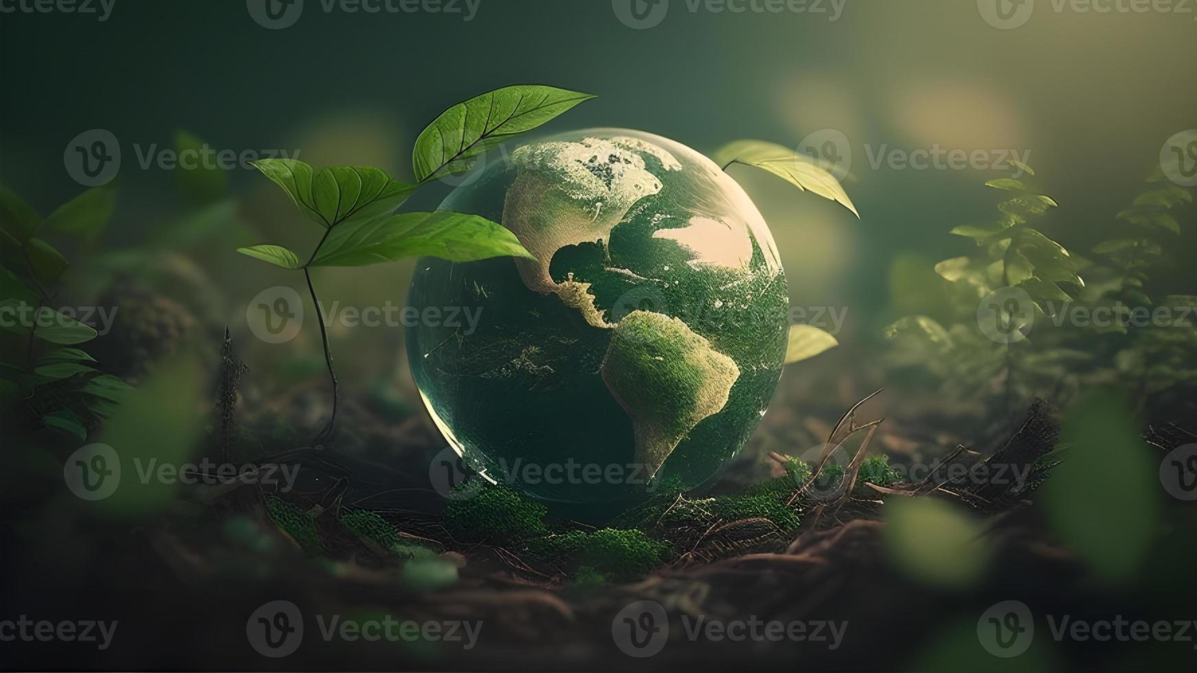 The Enchanting Beauty of a Green Glass Globe with Green Leaves Bathed in Morning Sunlight photo