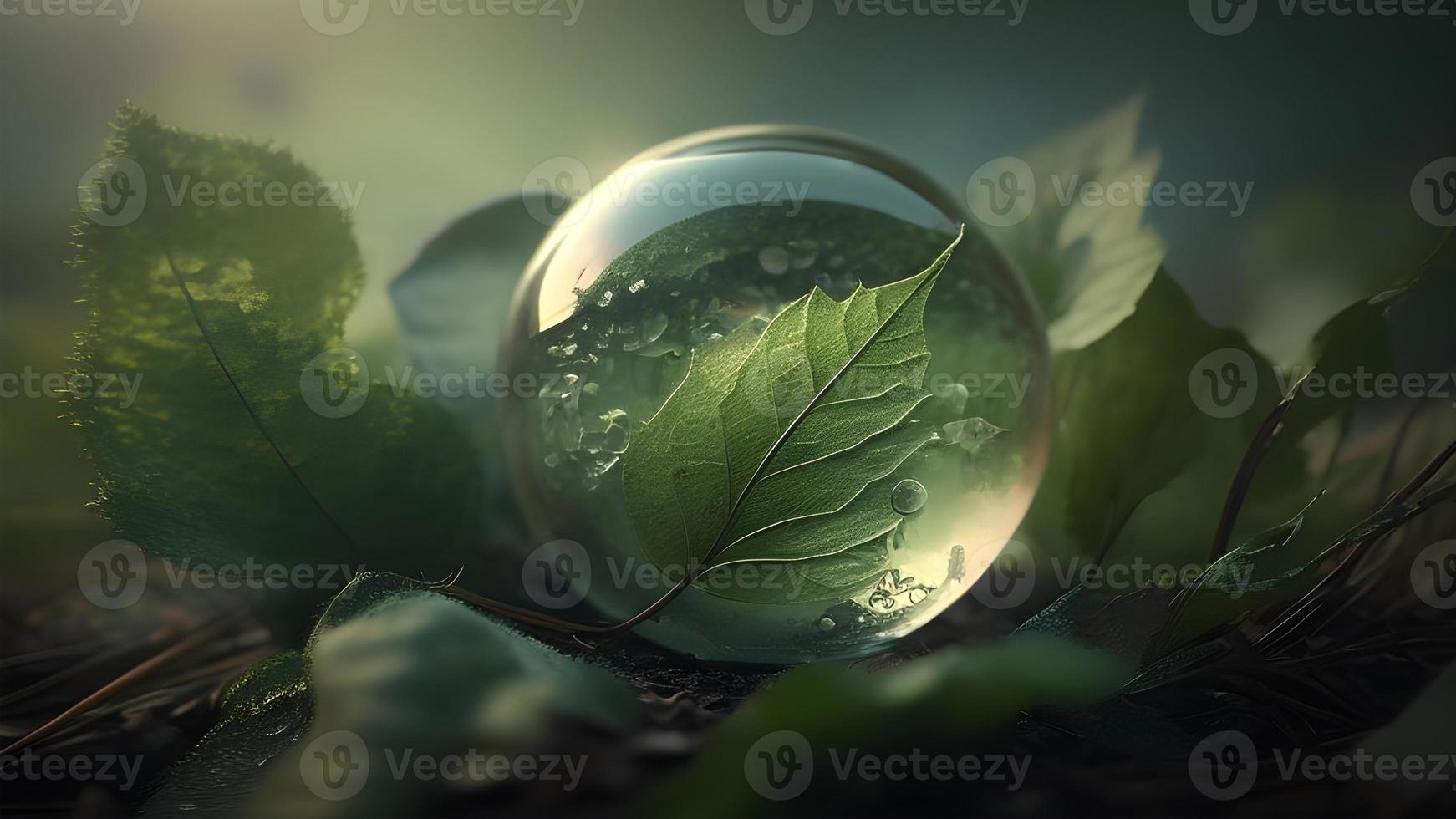 The Enchanting Beauty of a Green Glass Globe with Green Leaves Bathed in Morning Sunlight photo