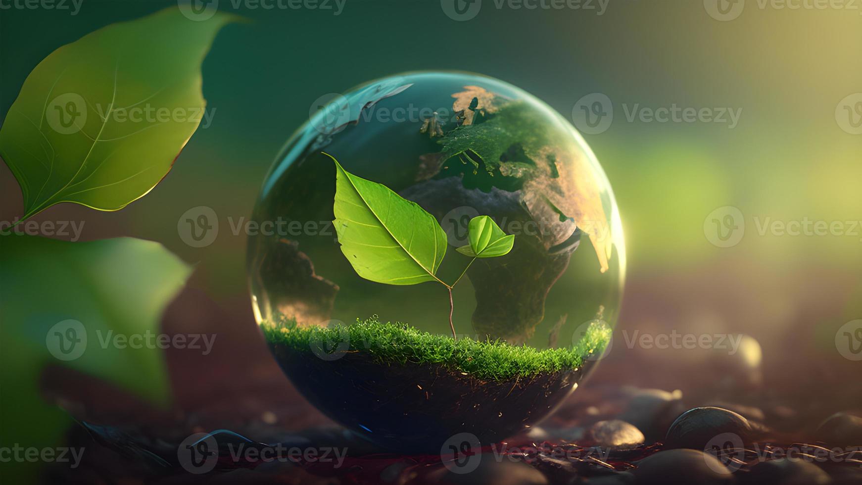 The Enchanting Beauty of a Green Glass Globe with Green Leaves Bathed in Morning Sunlight photo