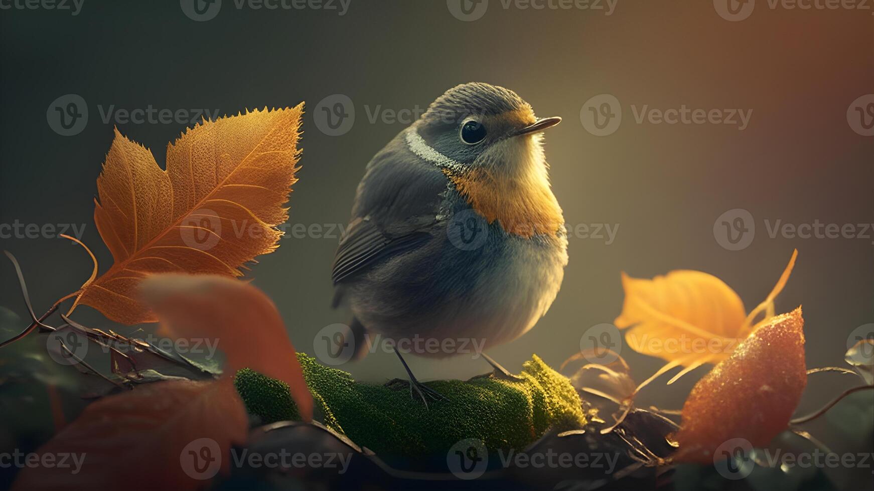 Small Bird with a Vibrant Head Perched on a Leafy Tree Branch in a Green Forest. . photo