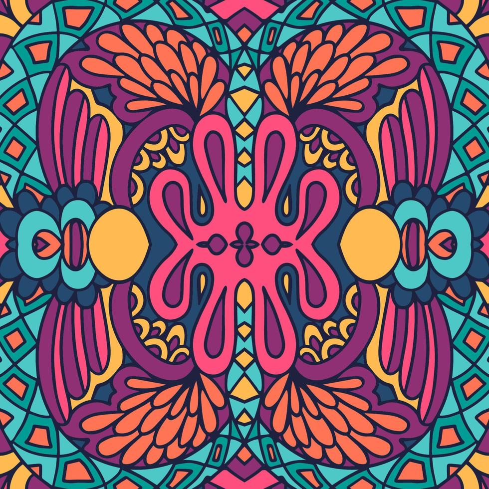Abstract psychedelic seamless pattern vector. Colorful doodle art mandala style design. vector