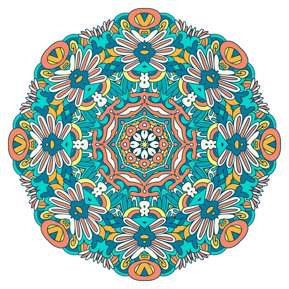 Vector hand drawn doodle mandala design. Ethnic summer doodle medallion with colorful ornament.