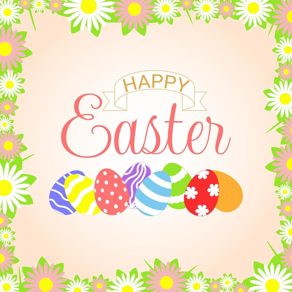 Vector illustration. Happy Easter design for greeting cards, posters, holiday covers. Floral frame, easter eggs.