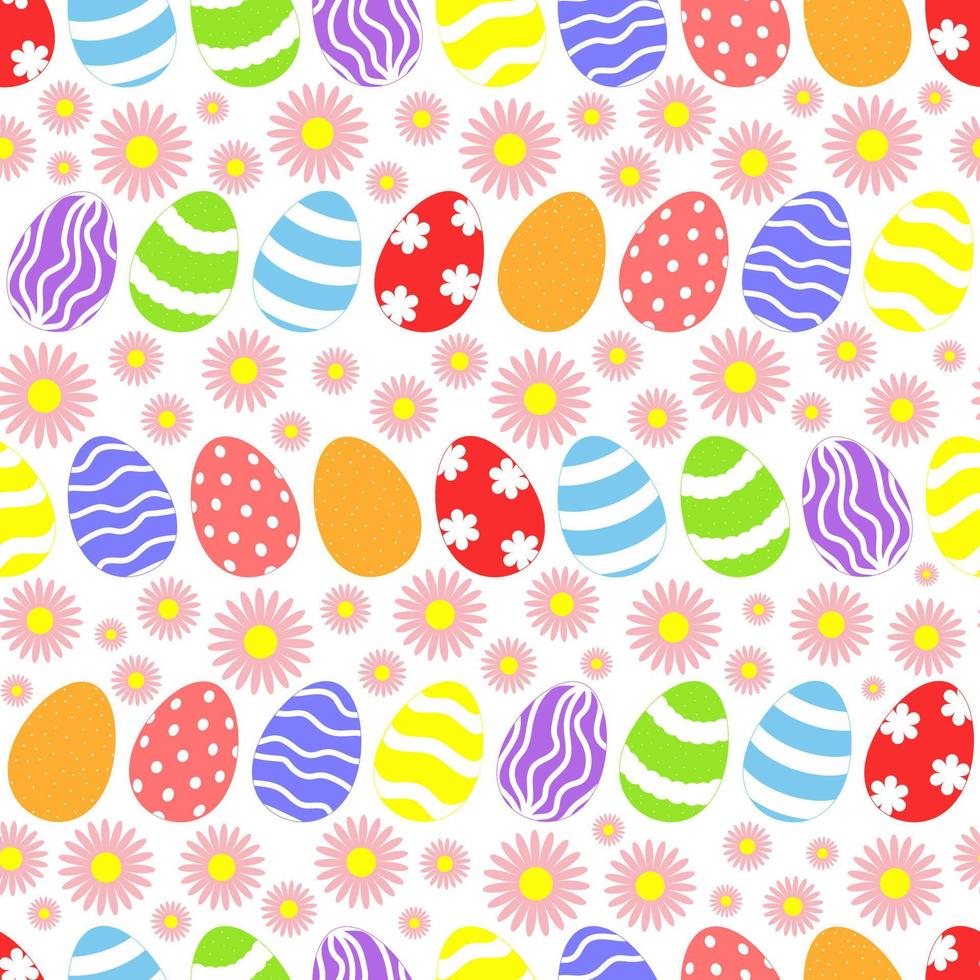 Vector seamless pattern with Easter eggs and pink flowers. Happy easter day.