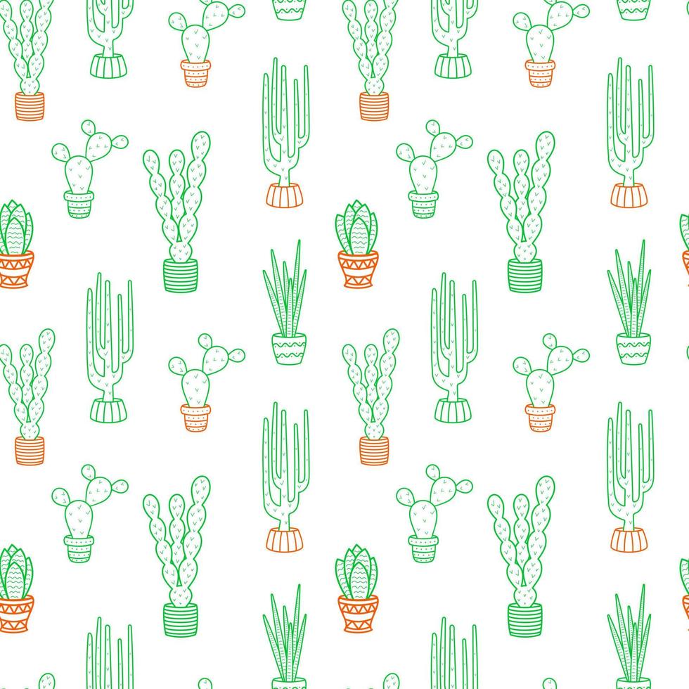 Vector seamless pattern. Cacti in the art line style.