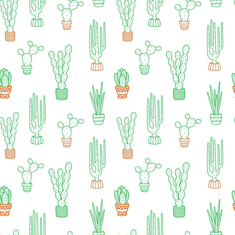 Vector seamless pattern. Cacti in the art line style.