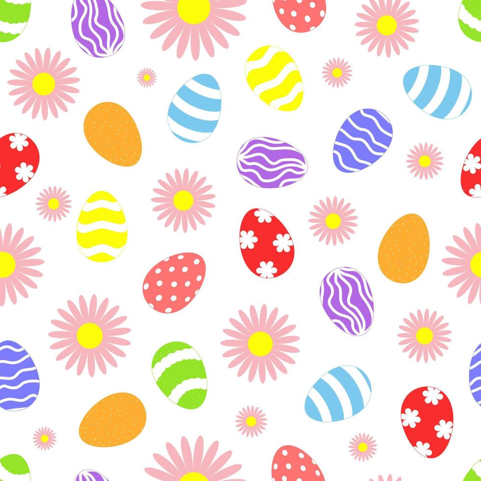 Vector seamless pattern with Easter eggs and pink flowers. Happy easter day