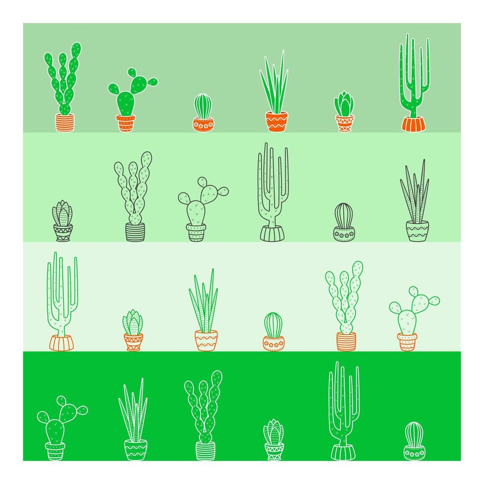 Vector illustration. Collection of cacti in flat style. Line art, Icon.