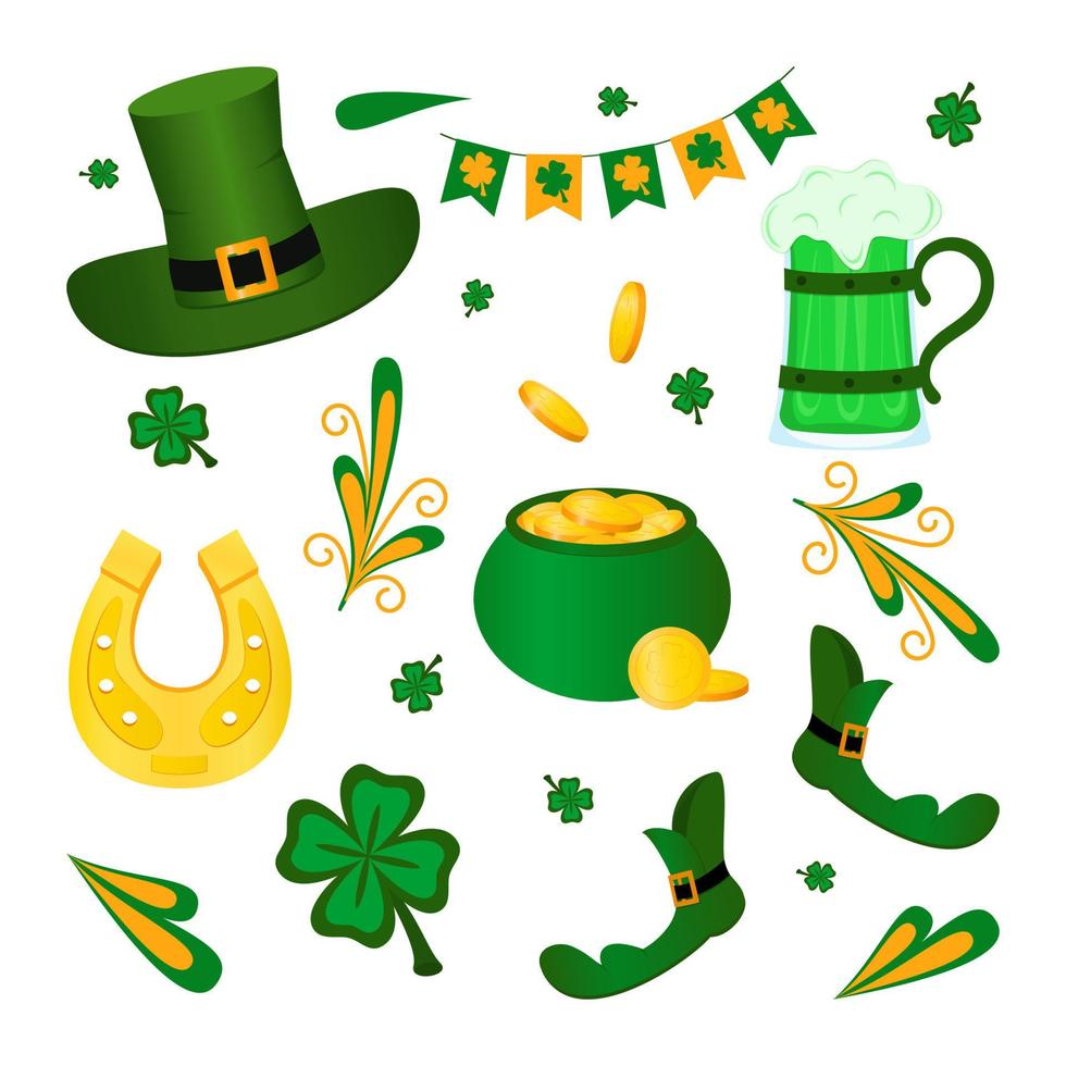 Vector illustration. Holiday. St. Patrick s Day Clip Art Collection. Green clover, luck gold