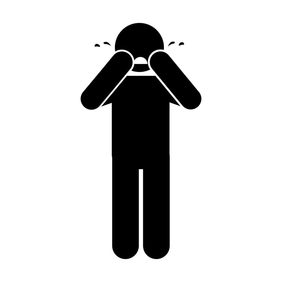 man crying icon over white background, silhouette style, vector illustration, stick figure pictogram