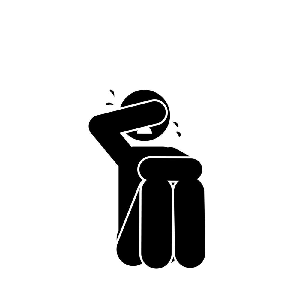 man crying icon over white background, silhouette style, vector illustration, stick figure pictogram