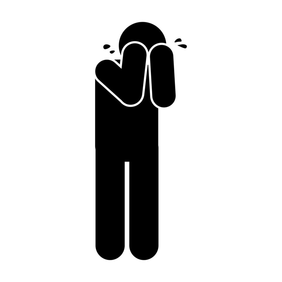 man crying icon over white background, silhouette style, vector illustration, stick figure pictogram