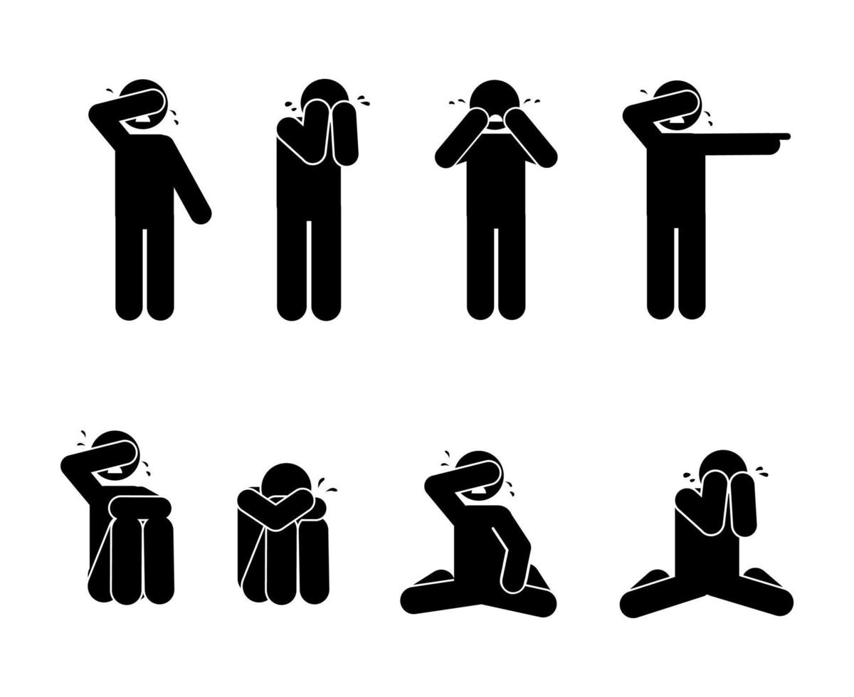 man crying icon over white background, silhouette style, vector illustration, stick figure pictogram