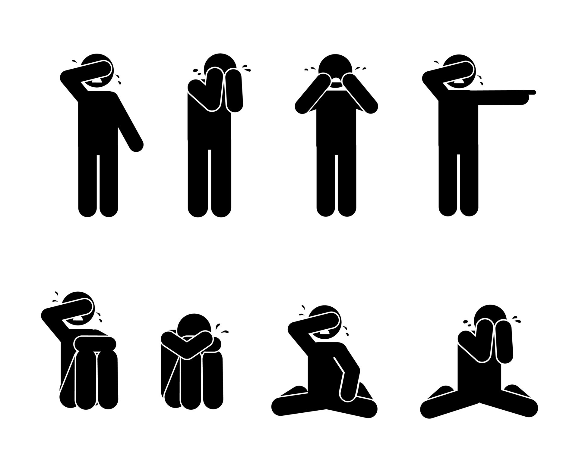 sad man icon, fatigue and pain illustration, stickman in depression, stick  figure human silhouette Stock Vector