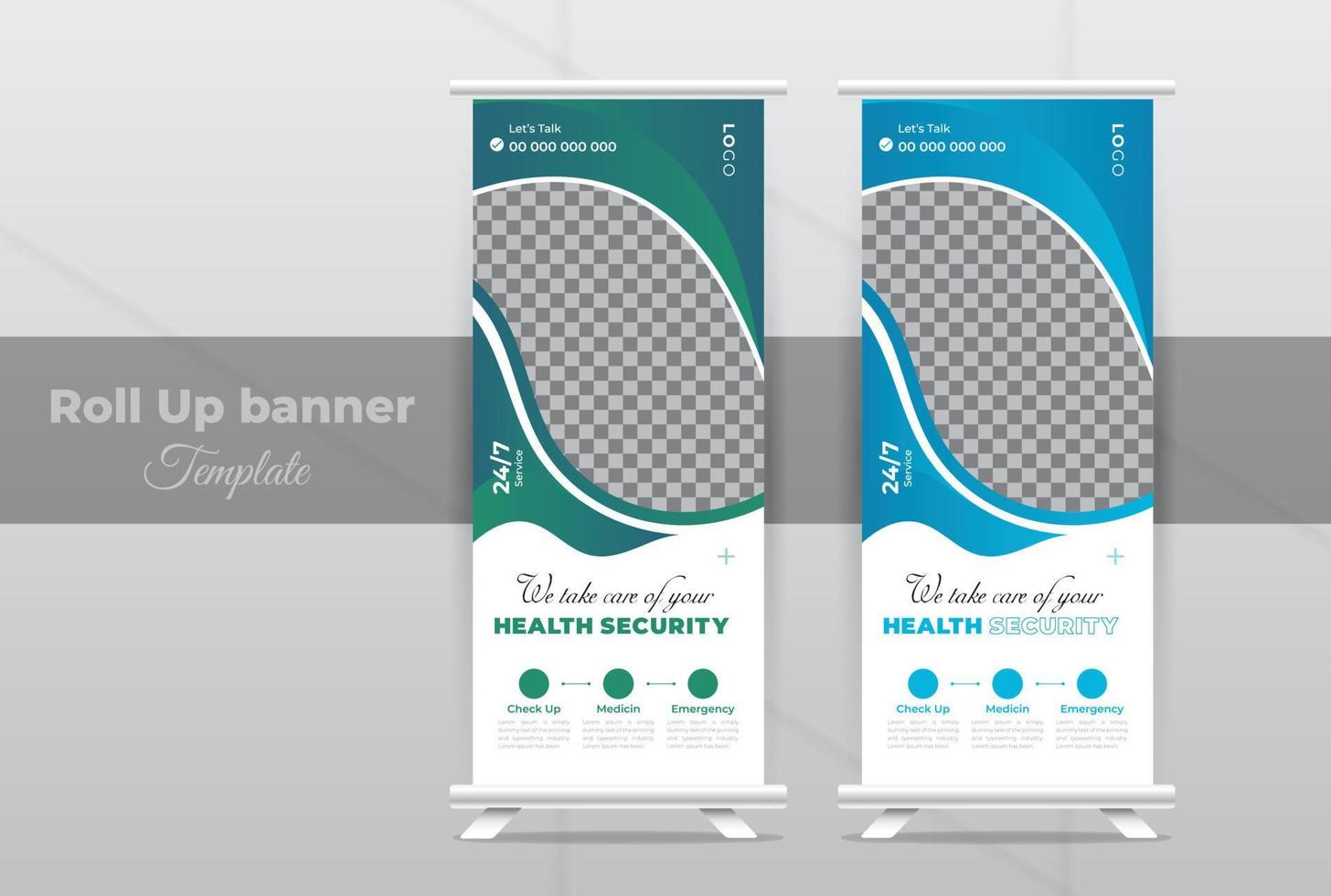 Modern healthcare and medical roll up design, standee banner template decoration for exhibition, printing, presentation, elegant layout for hospital doctor clinic dental vector