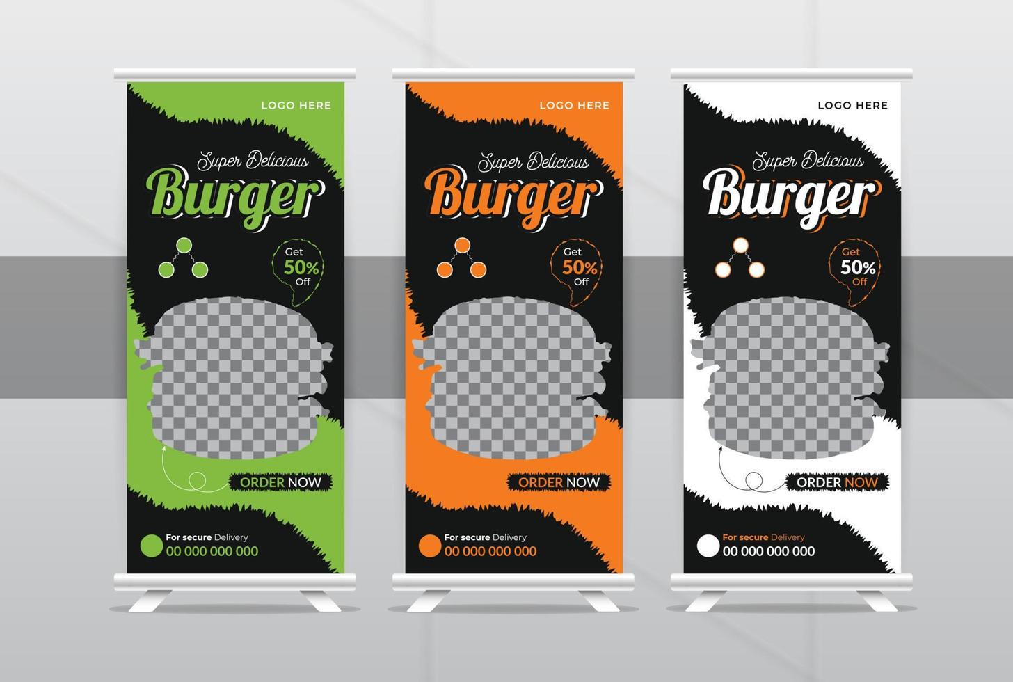 Fast food burger restaurant rollup banner set and x banner design template. infographics vertical trend concept. standee banner for hotel illustration vector