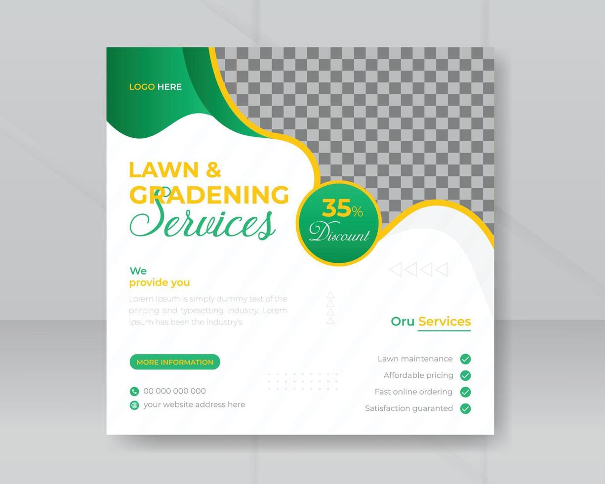 Professional modern Lawn and gardening services social media post template or web banner promotion agriculture with abstract green organic editable modern square poster design vector