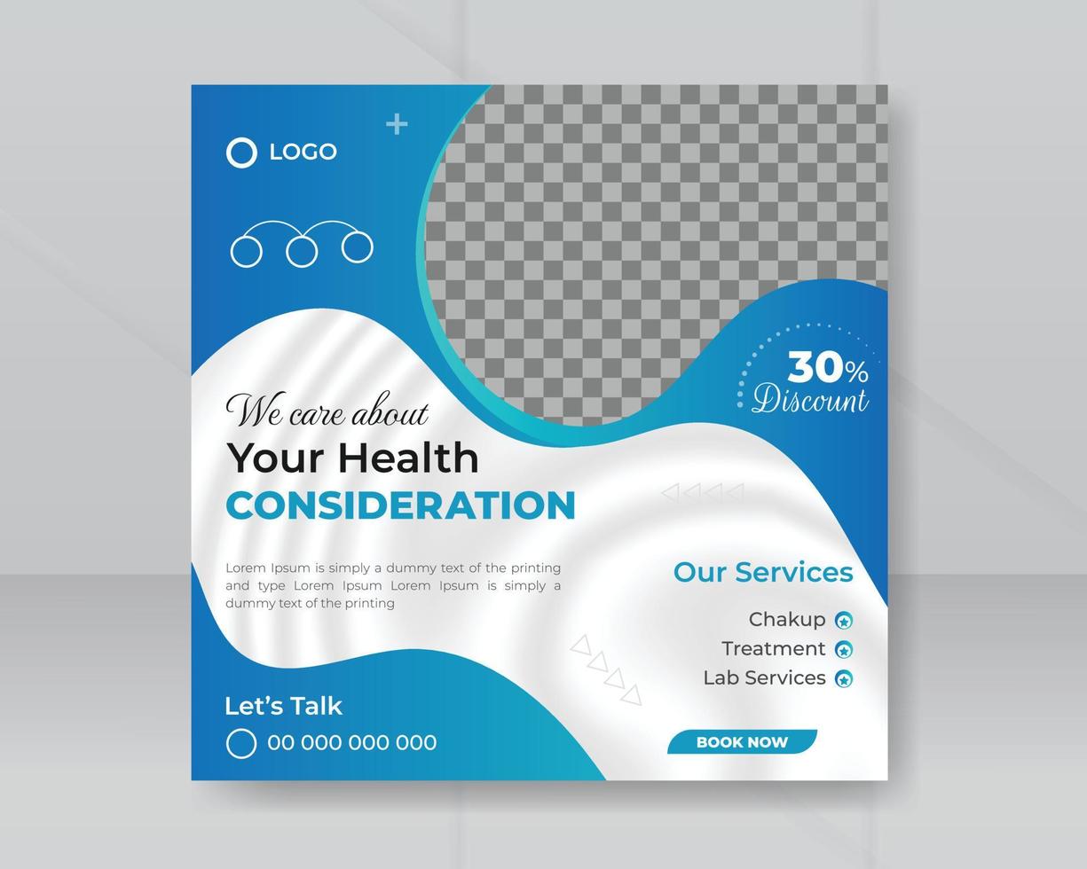 Modern medical healthcare services social media post template promotion square web banner for hospital and clinic treatment doctor online banner design vector