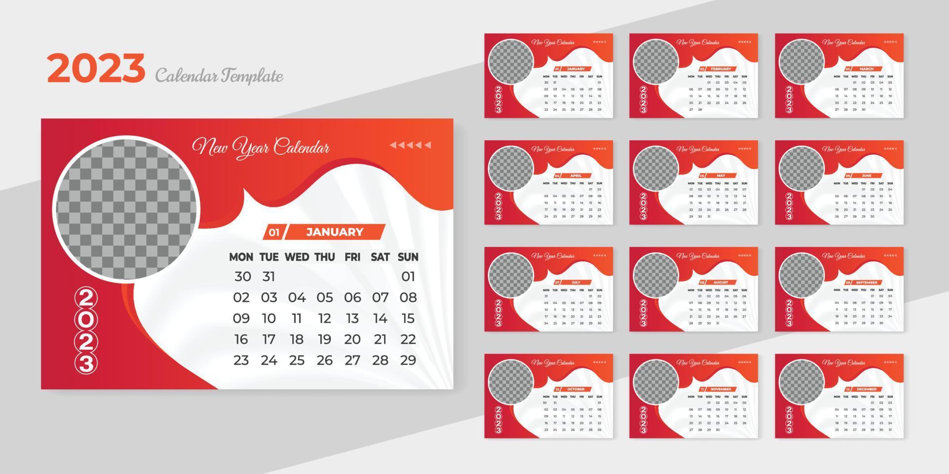 nuevo año 2023 corporativo negocio calendario diseño modelo con planificador diario el semana empieza en lunes conjunto de 12 meses paginas vector