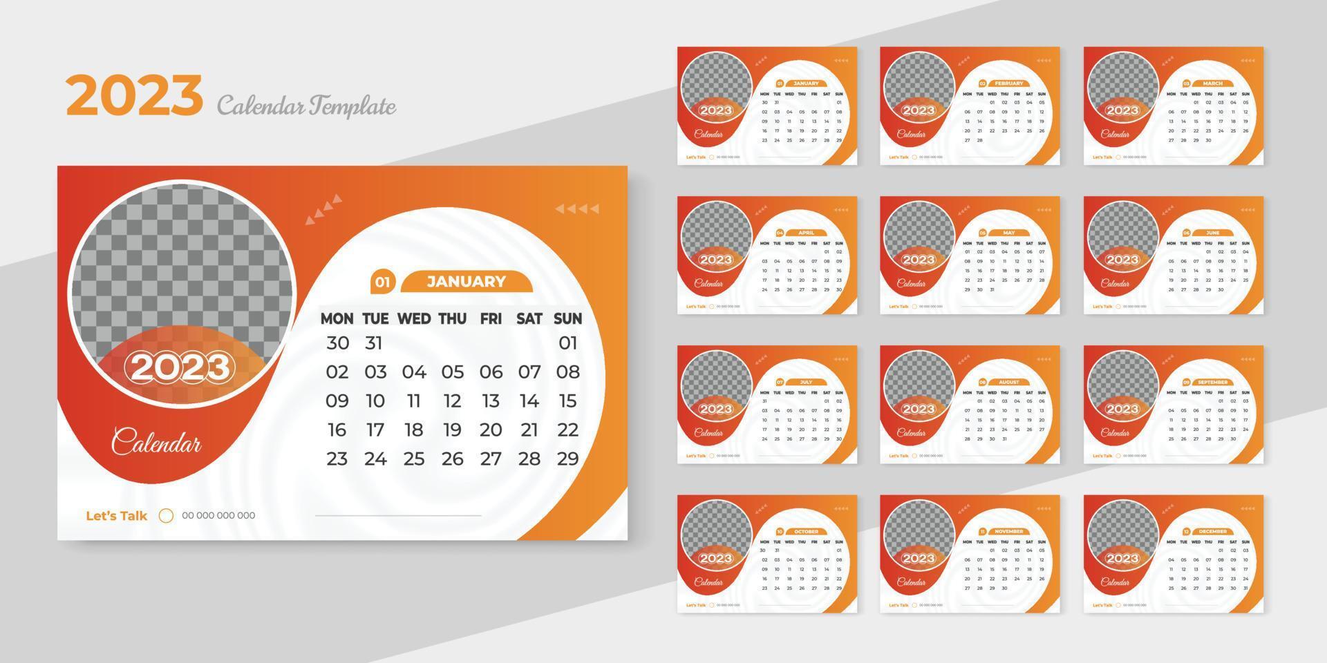 Set Desk Calendar 2023 template Creative design, Set of 12 Months, Week starts Sunday, business Stationery vector