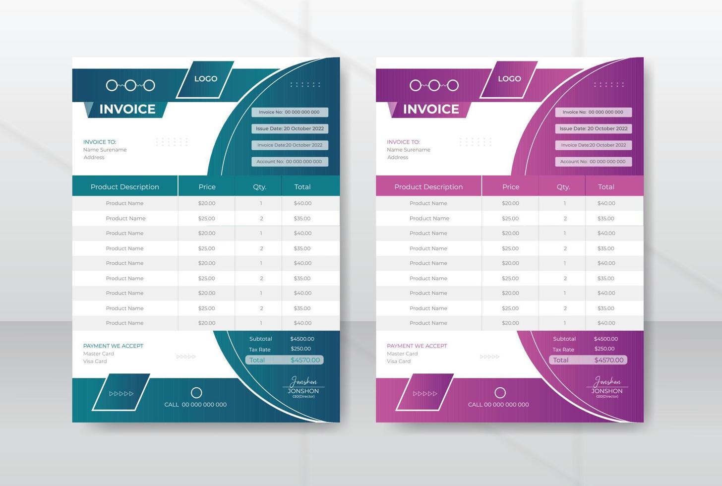 Creative and modern business agency invoice template design for accounting vector