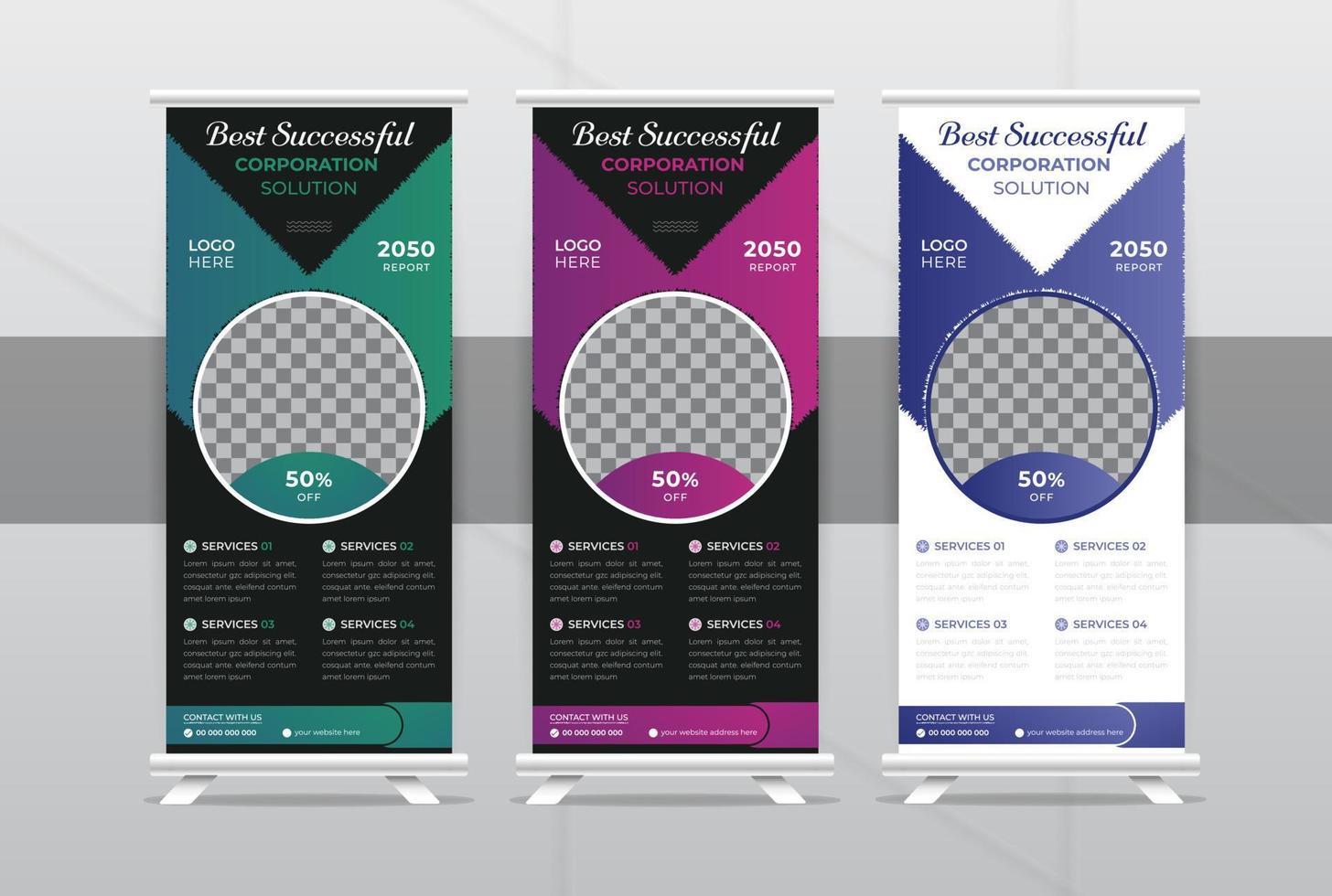 Creative and modern business agency stands roll up banner design template layout for exhibition with Three colors, editable up banner standee for presentation vector
