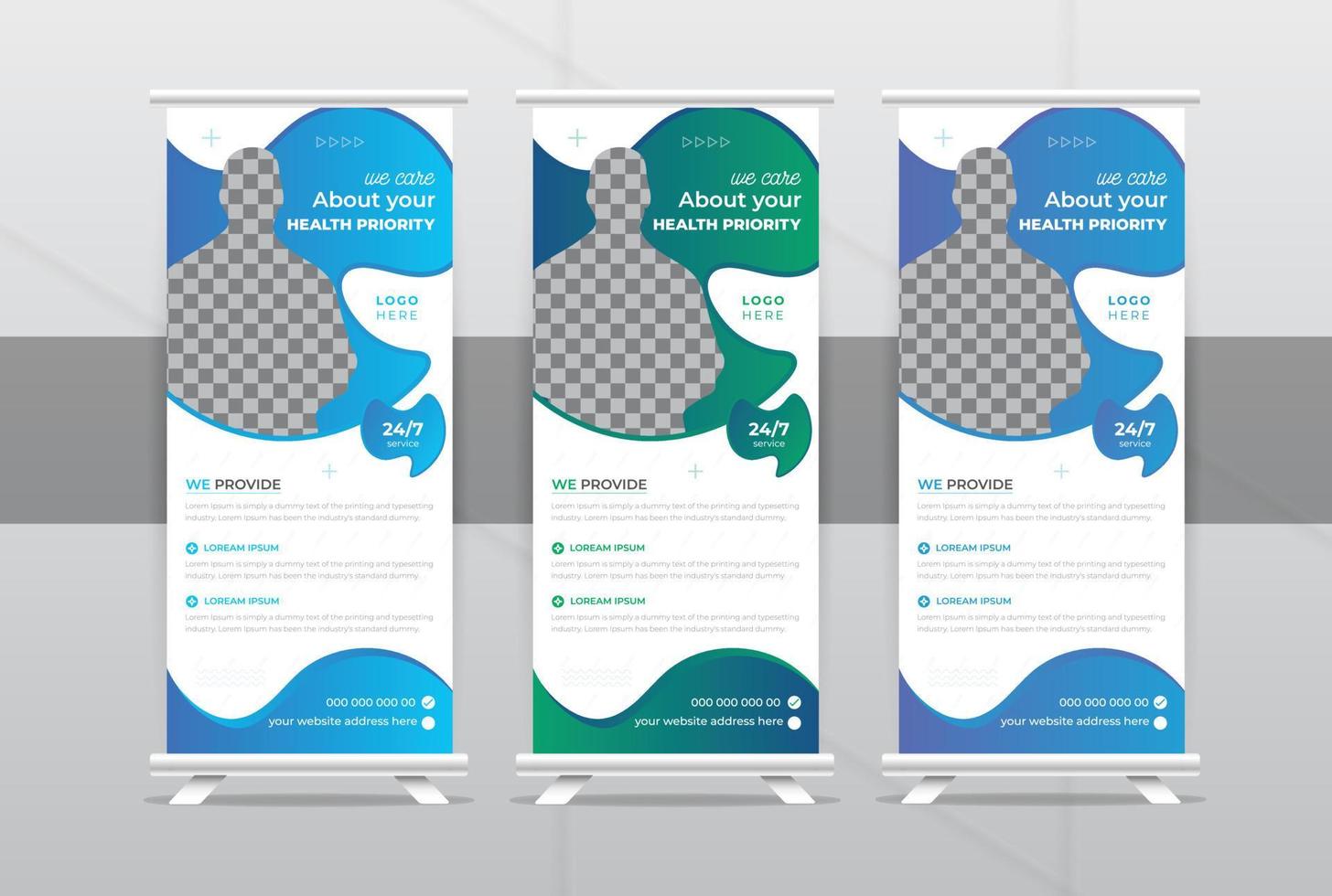 Creative and modern medical rollup or X banner design template. Elegant healthcare rollup banner Vertical Flag creative concept design for print advertising, background, 3 color variation vector