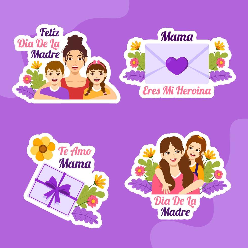 Feliz Dia De La Madre Label Flat Cartoon Hand Drawn Templates Background Illustration vector