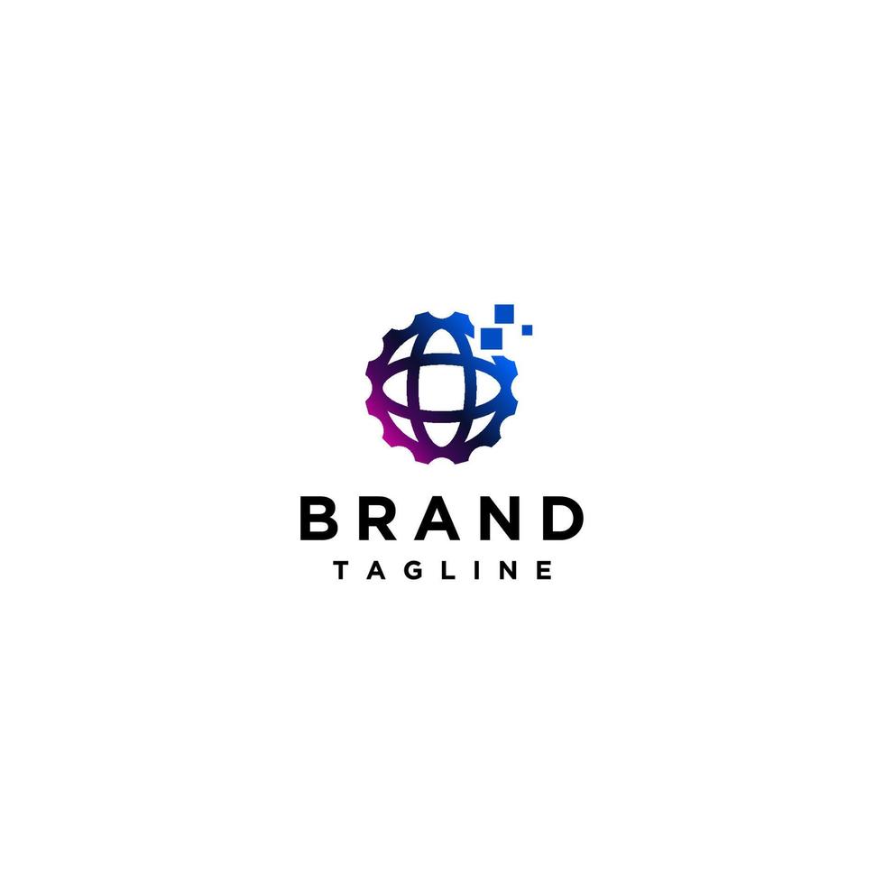 Global Digital Technology Logo Design. World symbol with gear accents and digital pixels. vector