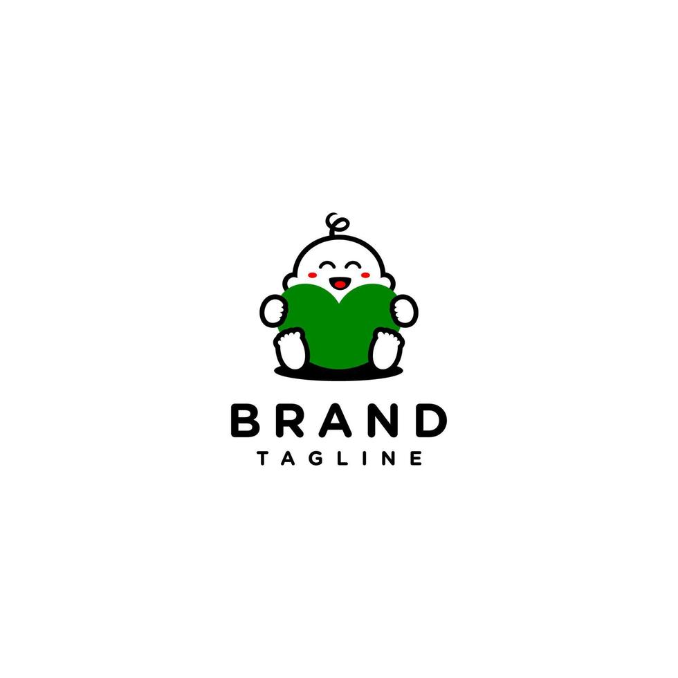 Playful Logo Design Baby Laughing While Hugging Green Heart Symbol. Simple Illustration of a Laughing Baby Hugging a Green Heart Shaped Pillow. vector