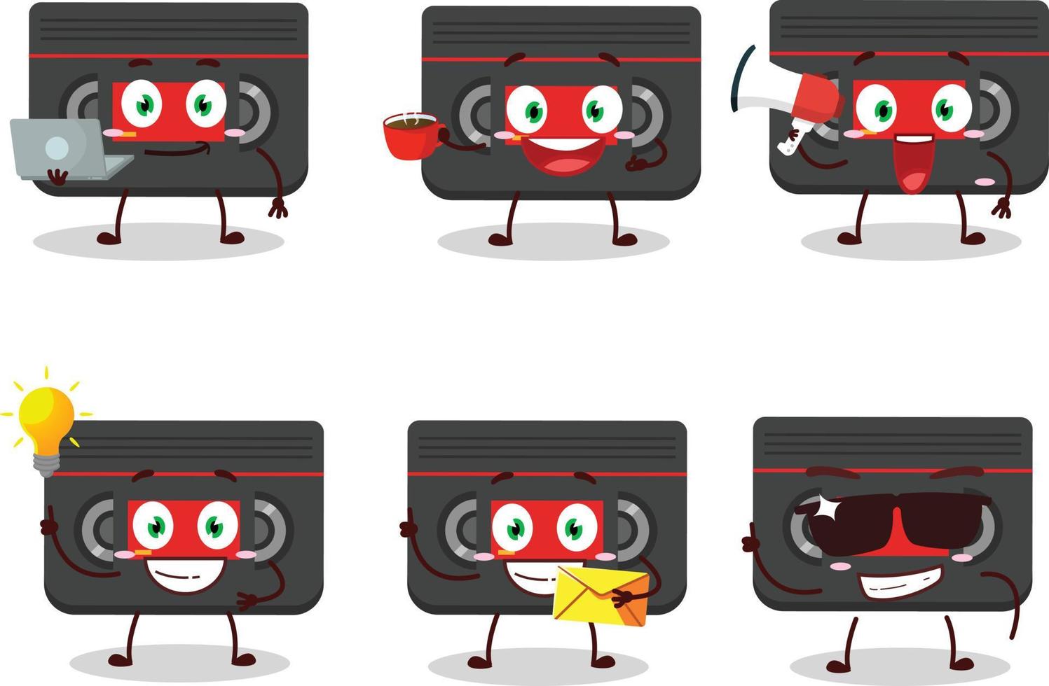 Retro cassette cartoon character with various types of business emoticons vector