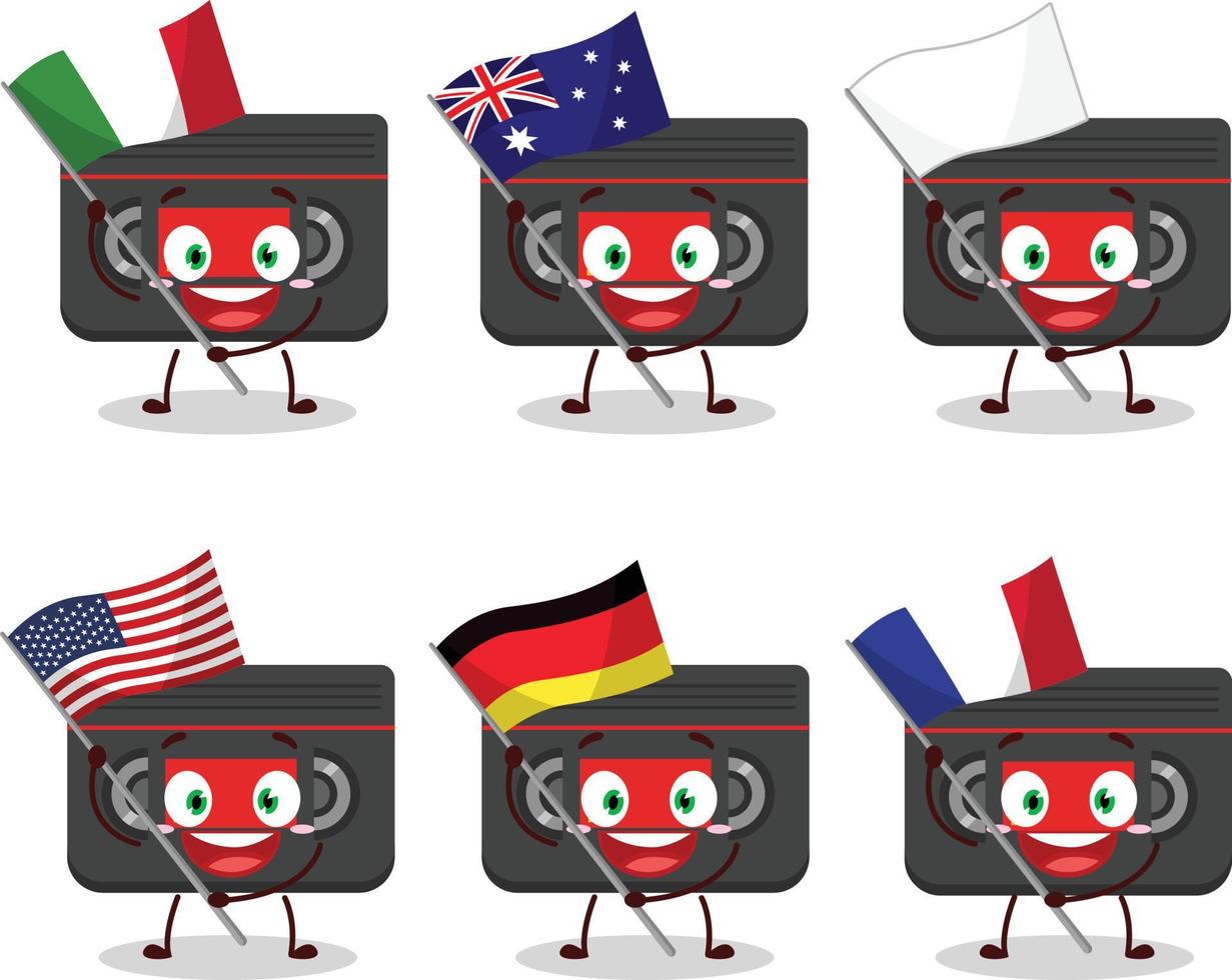 Retro cassette cartoon character bring the flags of various countries vector