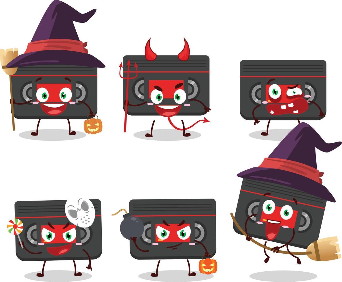 Halloween expression emoticons with cartoon character of retro cassette vector