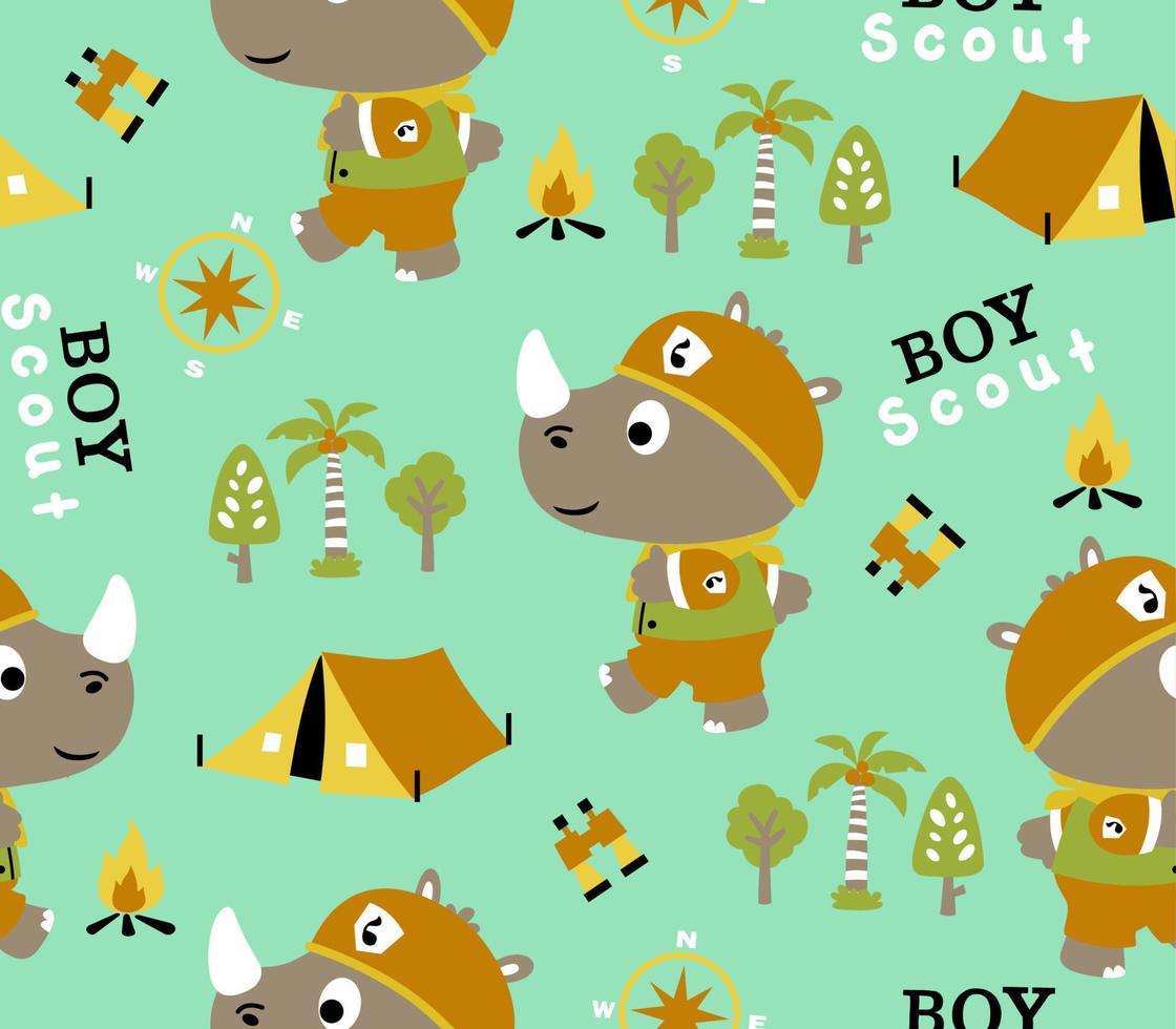 seamless pattern vector of cartoon little rhino in scout uniform with encampment elements