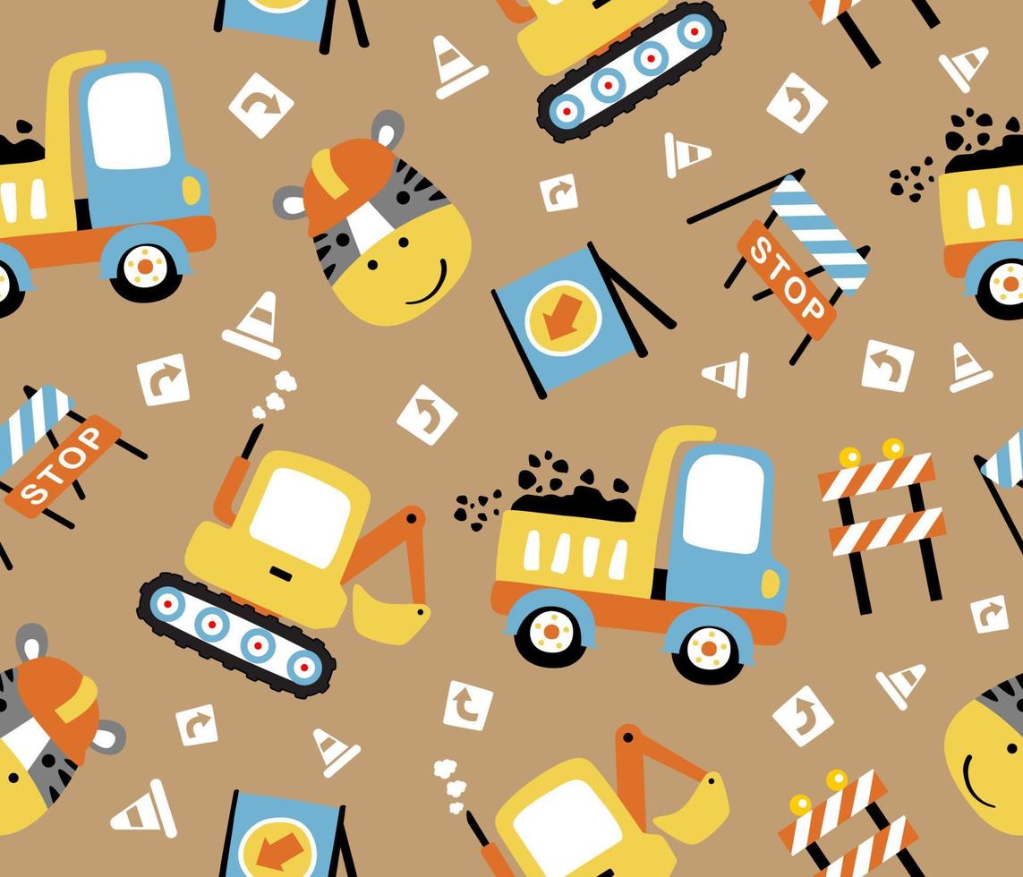 seamless pattern cartoon of construction vehicles with construction elements and funny zebra vector