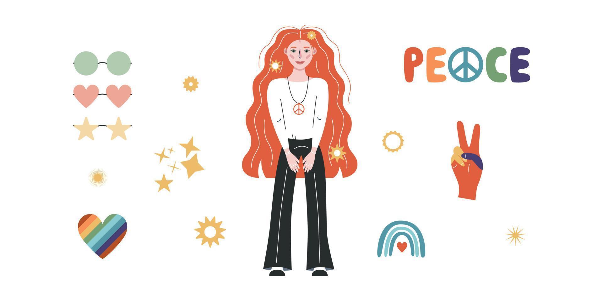 Flat vector hippy boho illustration. Hand drawn retro groovy elements and peace lettering
