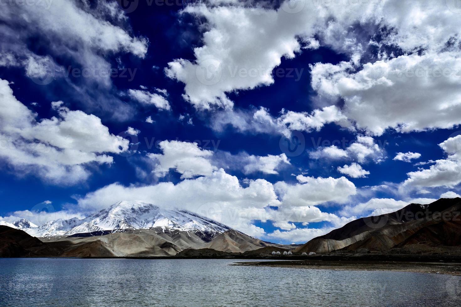 Overlooking the 7,500-meter-high Muztagh Tower from Pamirs Karakul Lake photo