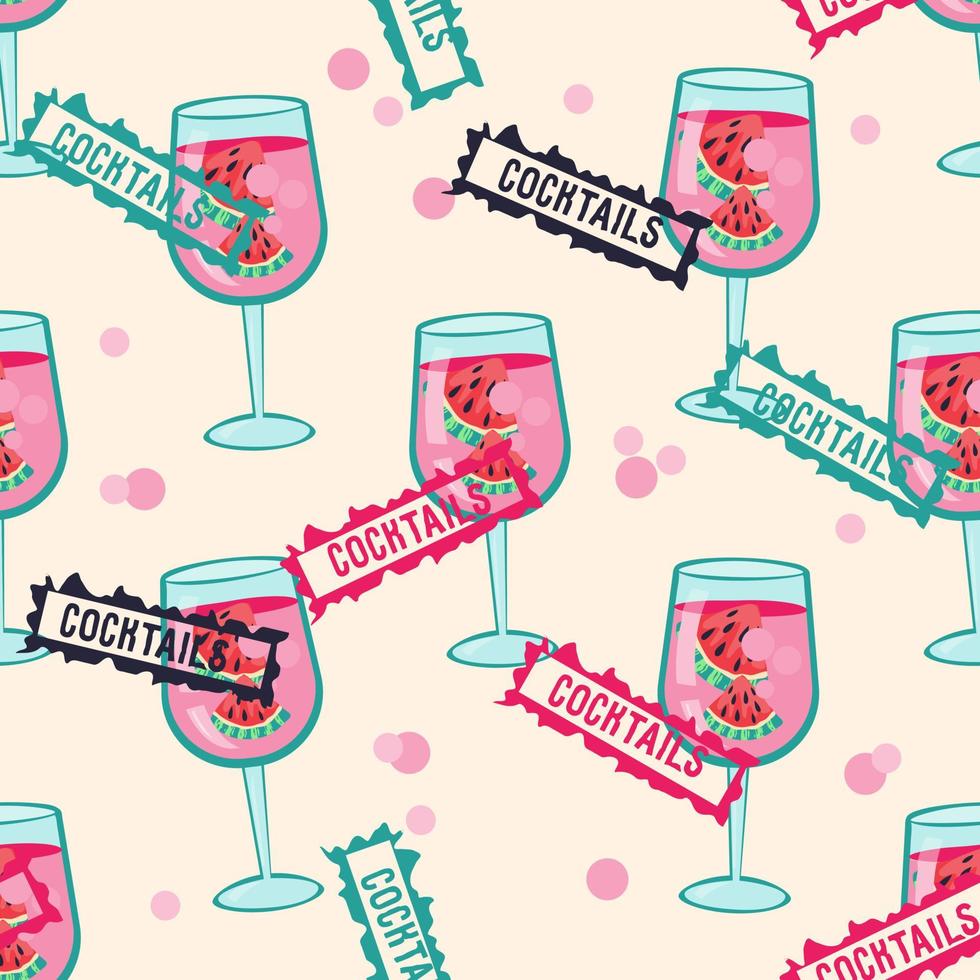 Summer seamless pattern with cocktail glasses and stamps. Fruit drink in wineglasses in design of endless repeatable texture for textile print and stationary, flat colorful illustration. vector