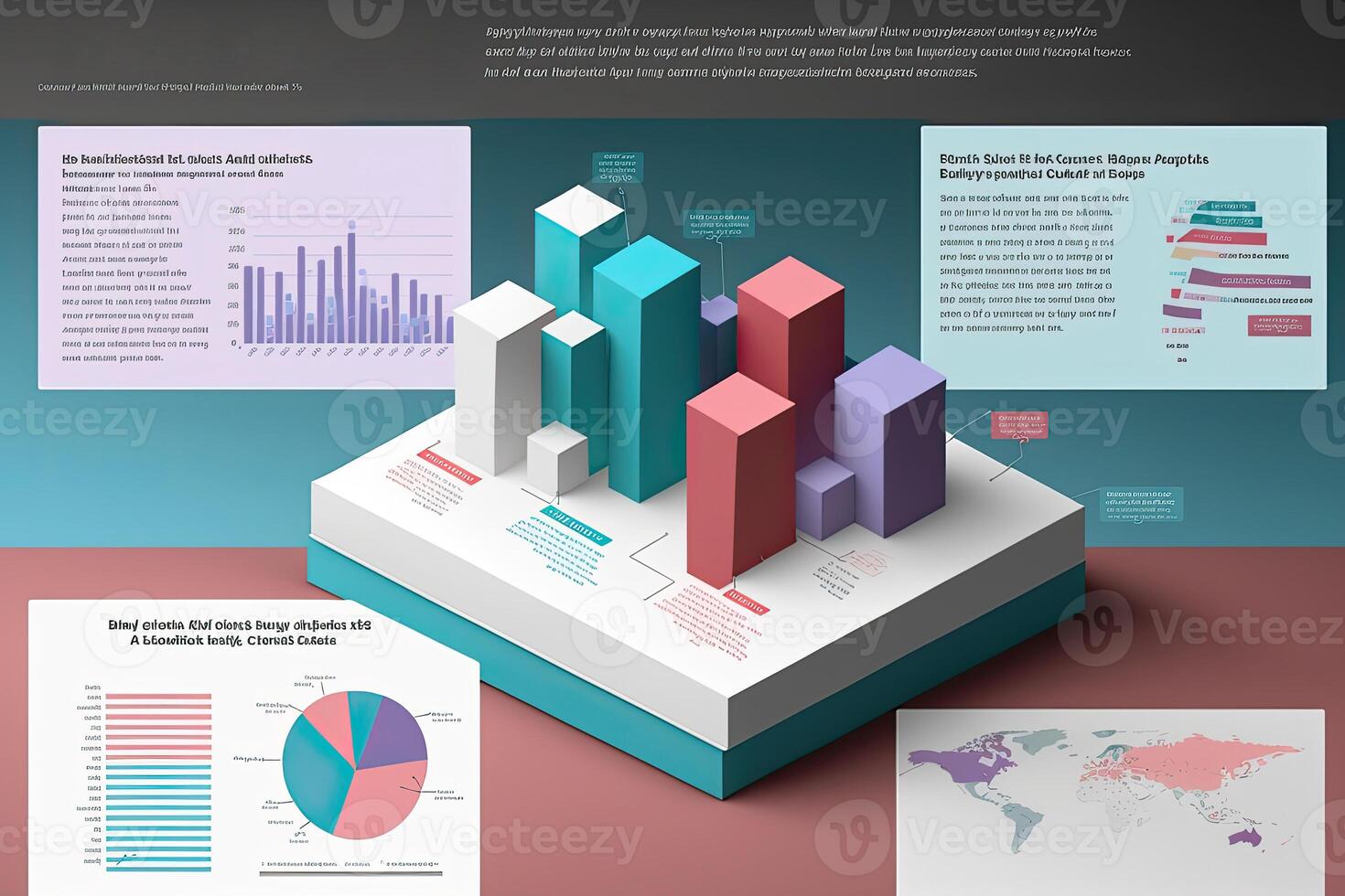 Big data analytics report. Infographic with graph and chart on abstract background. Distribution of data by business categories. Created with photo