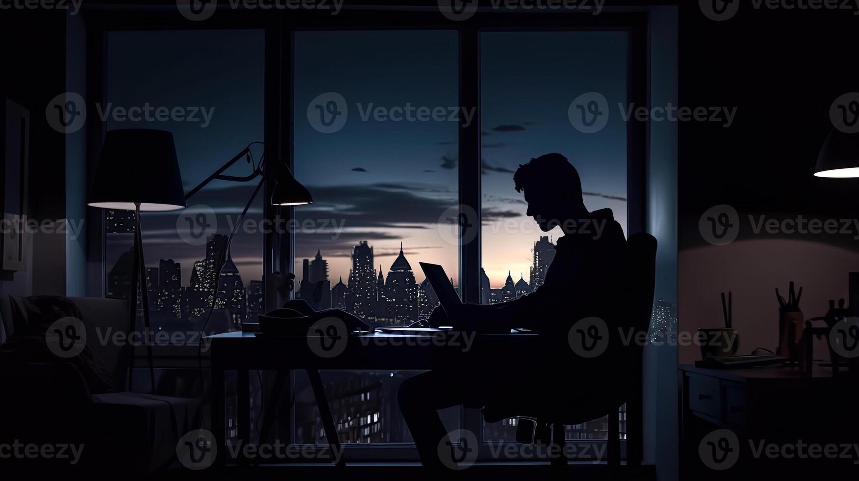 Man works from home use laptop at night, overwork burnout, freelancer works remote at home workplace. Created with photo