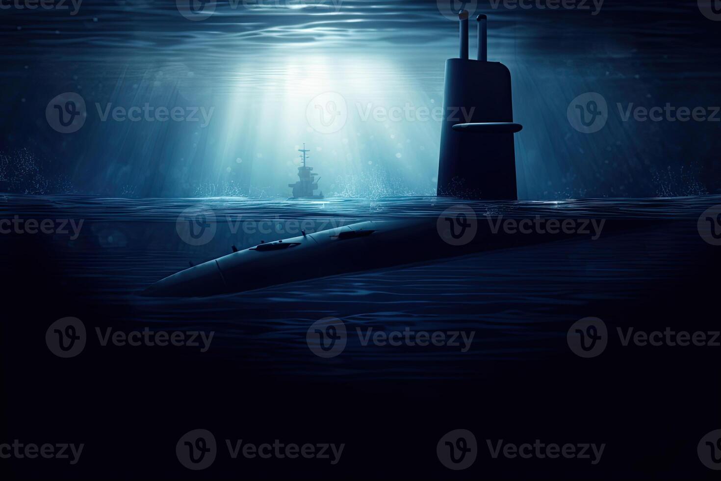 Military submarine in the sea. Floating vessel under water. Created with photo